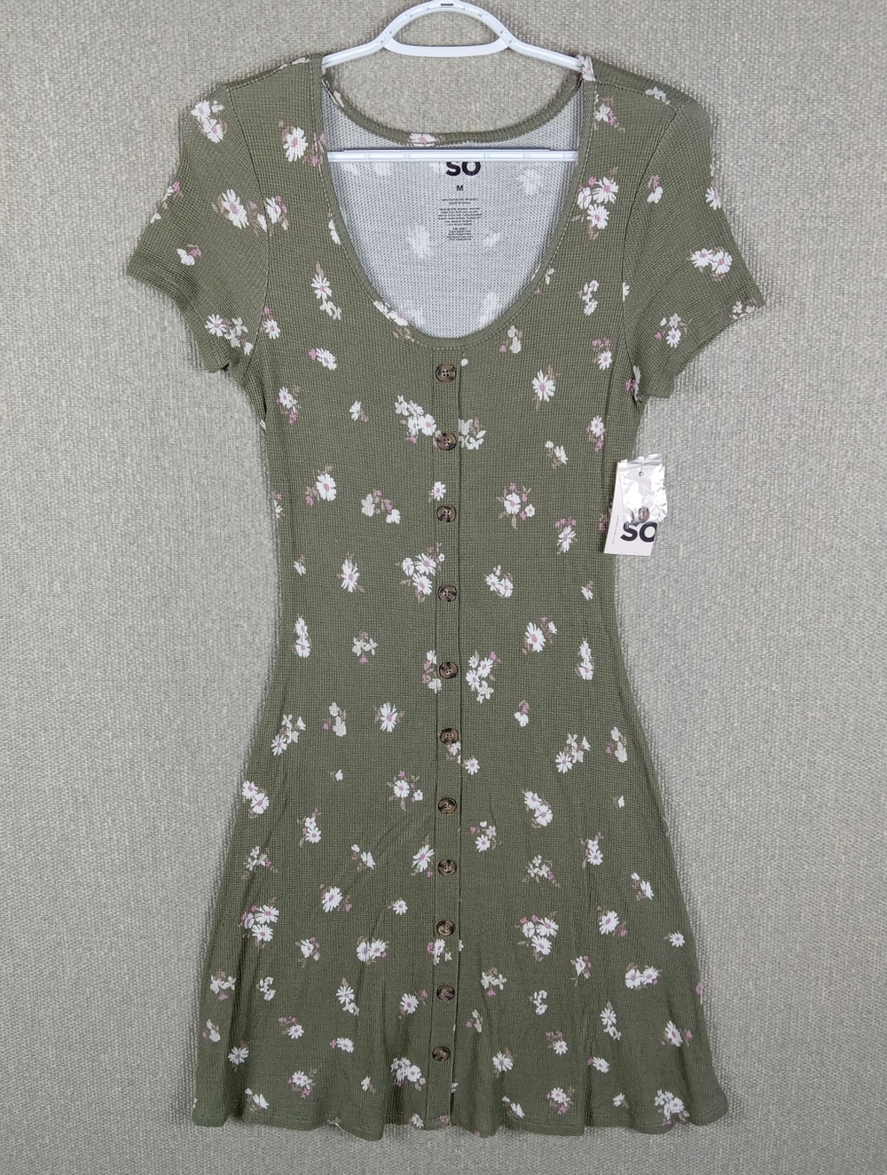 SO Olive Green Floral Ribbed Knit Button-Down Mini Dress Size Medium Cottagecore